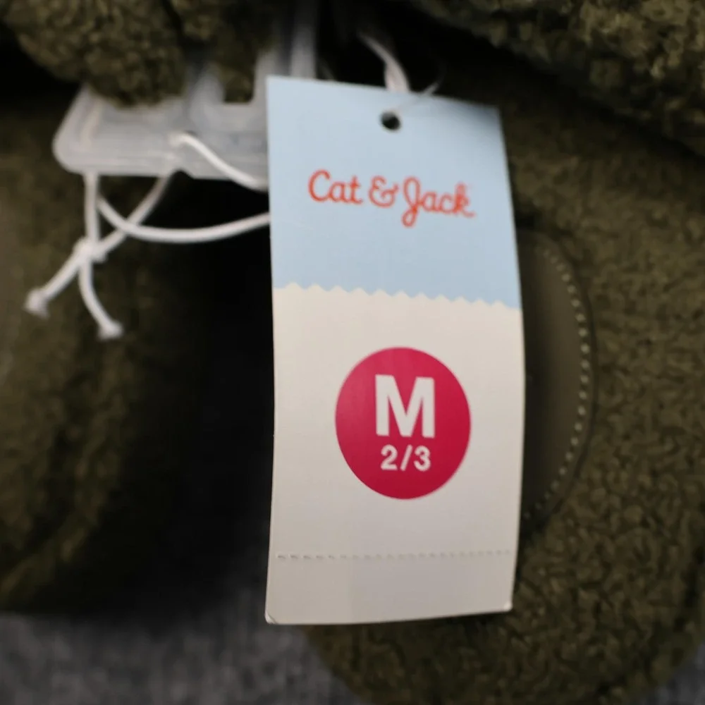 Cat & Jack Slippers Youth Size 2/3 Green Fuzzy‎ Sherpa Slide Open Toe Hook Loop